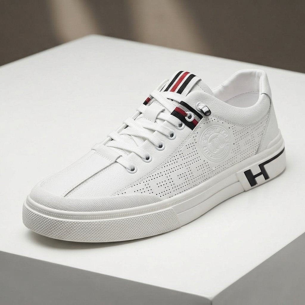 Sneakersy casual męskie ze skóry, perforowane – białe i beżowe