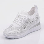 Sneakersy damskie na koturnie z cyrkoniami, sznurowane