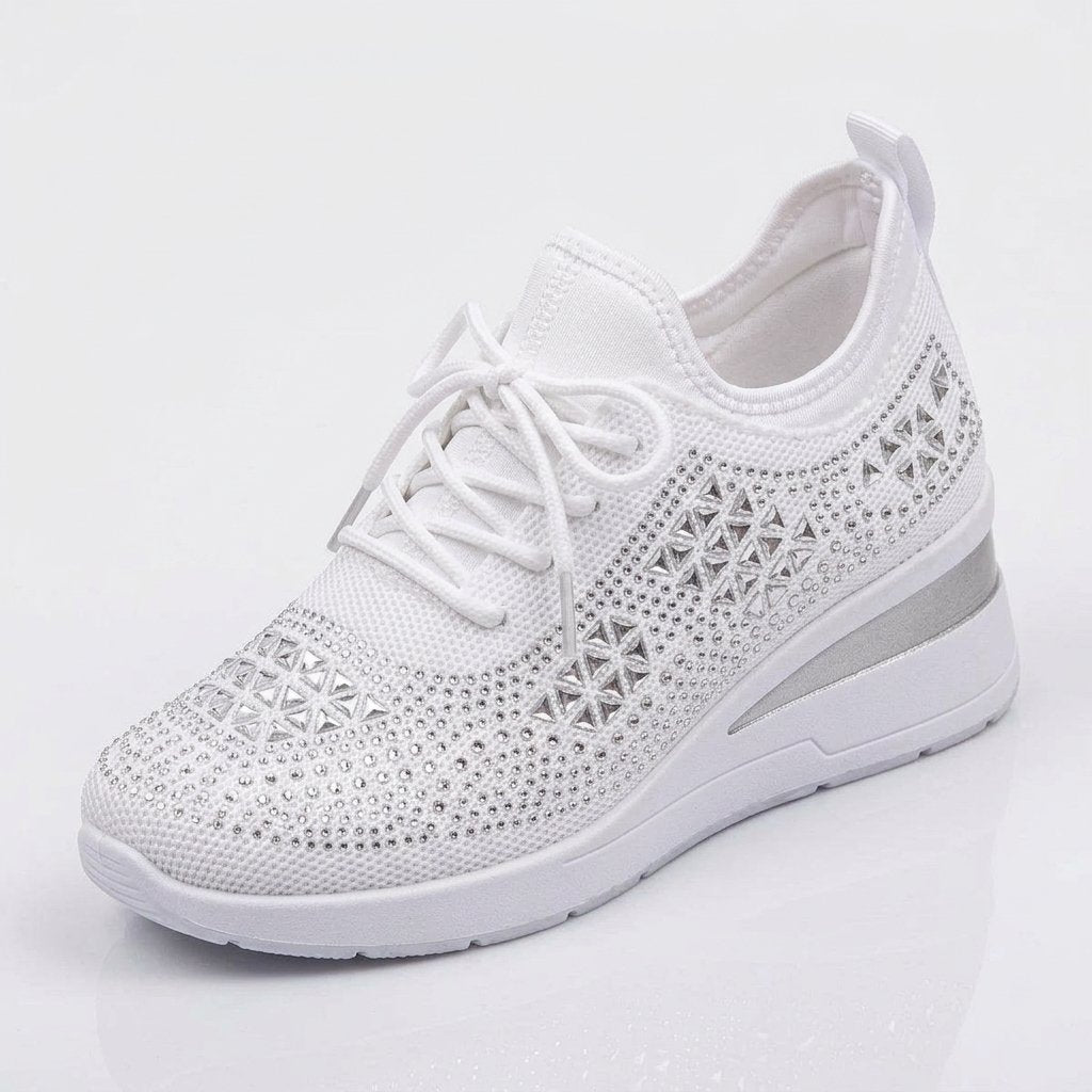 Sneakersy damskie na koturnie z cyrkoniami, sznurowane