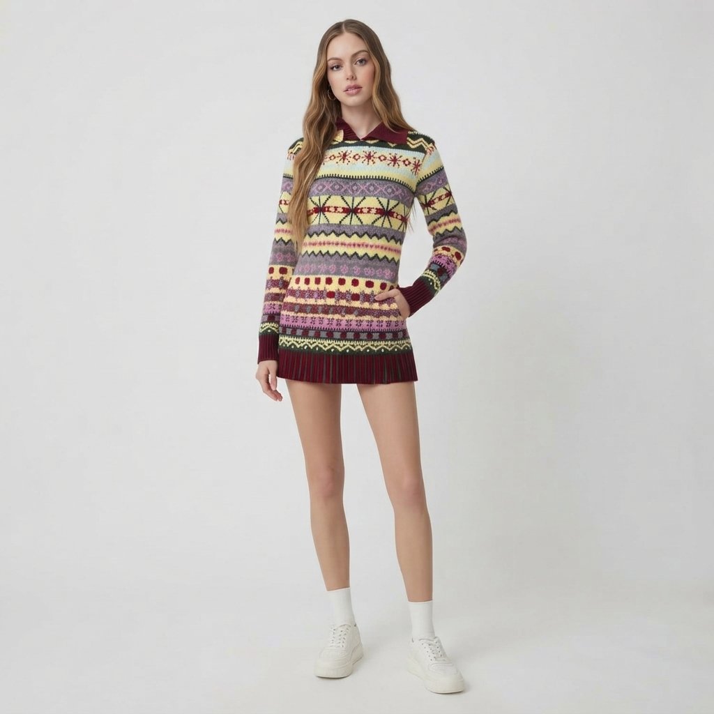 Sweter norweski z kapturem, wzór Fair Isle, damski
