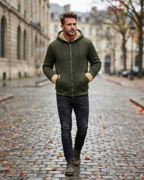Bluza z kapturem męska z podszewką sherpa, zapinana