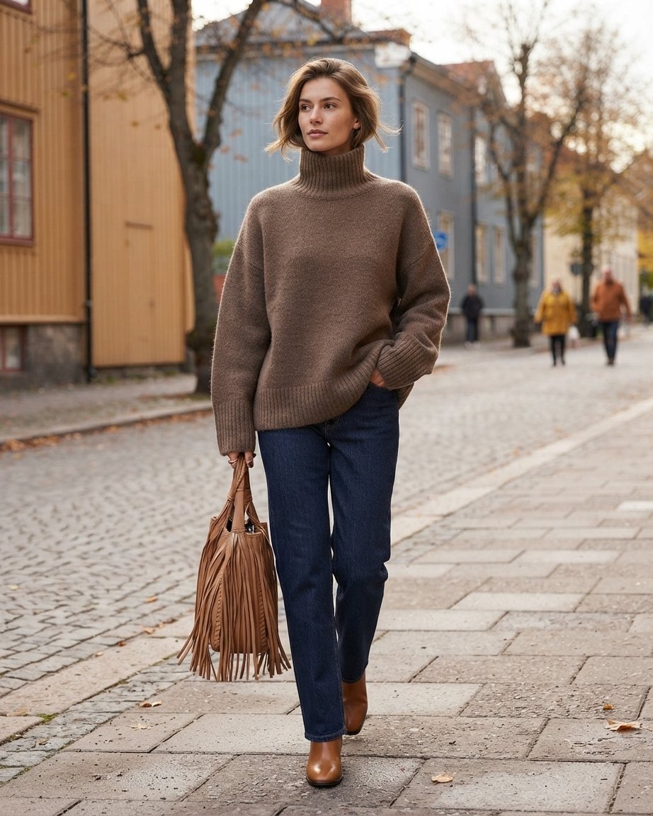Golf damski oversize, miękki sweter z golfem