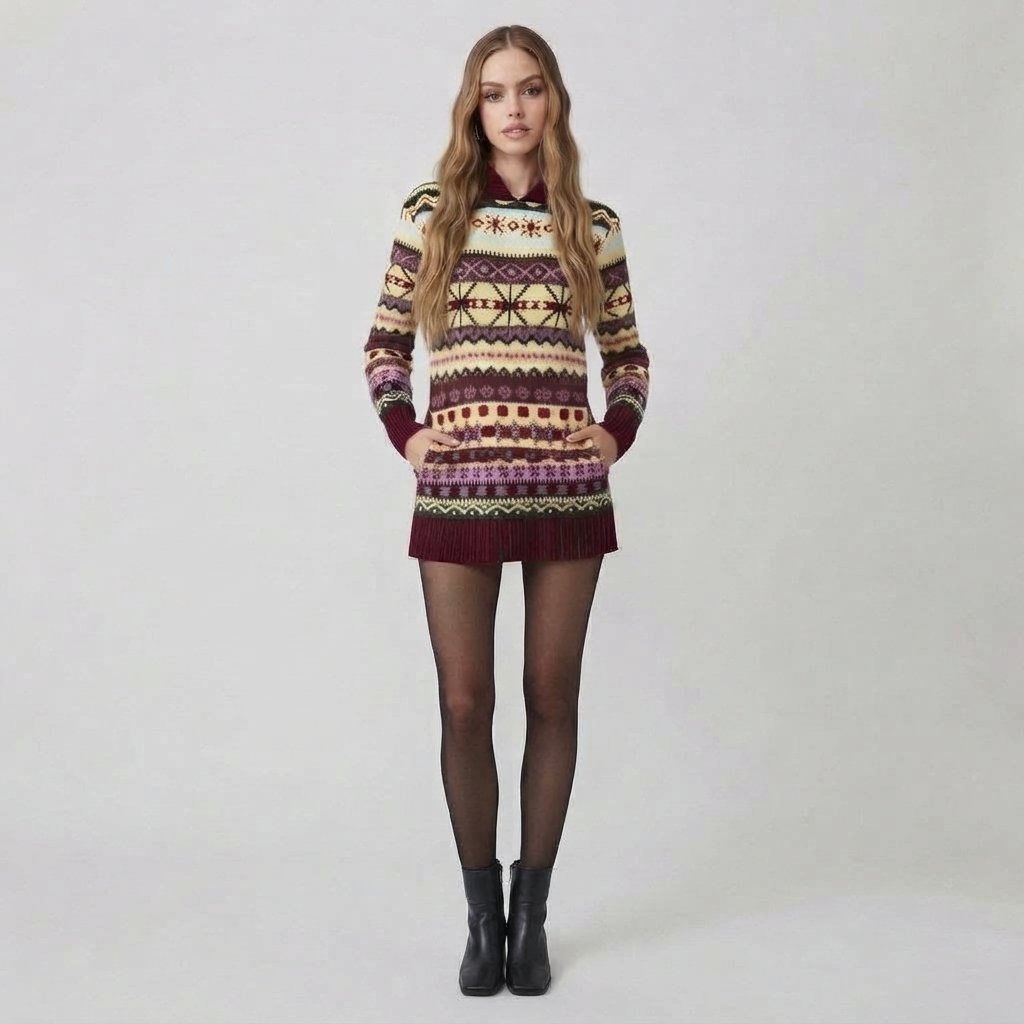 Sweter norweski z kapturem, wzór Fair Isle, damski — 4XL