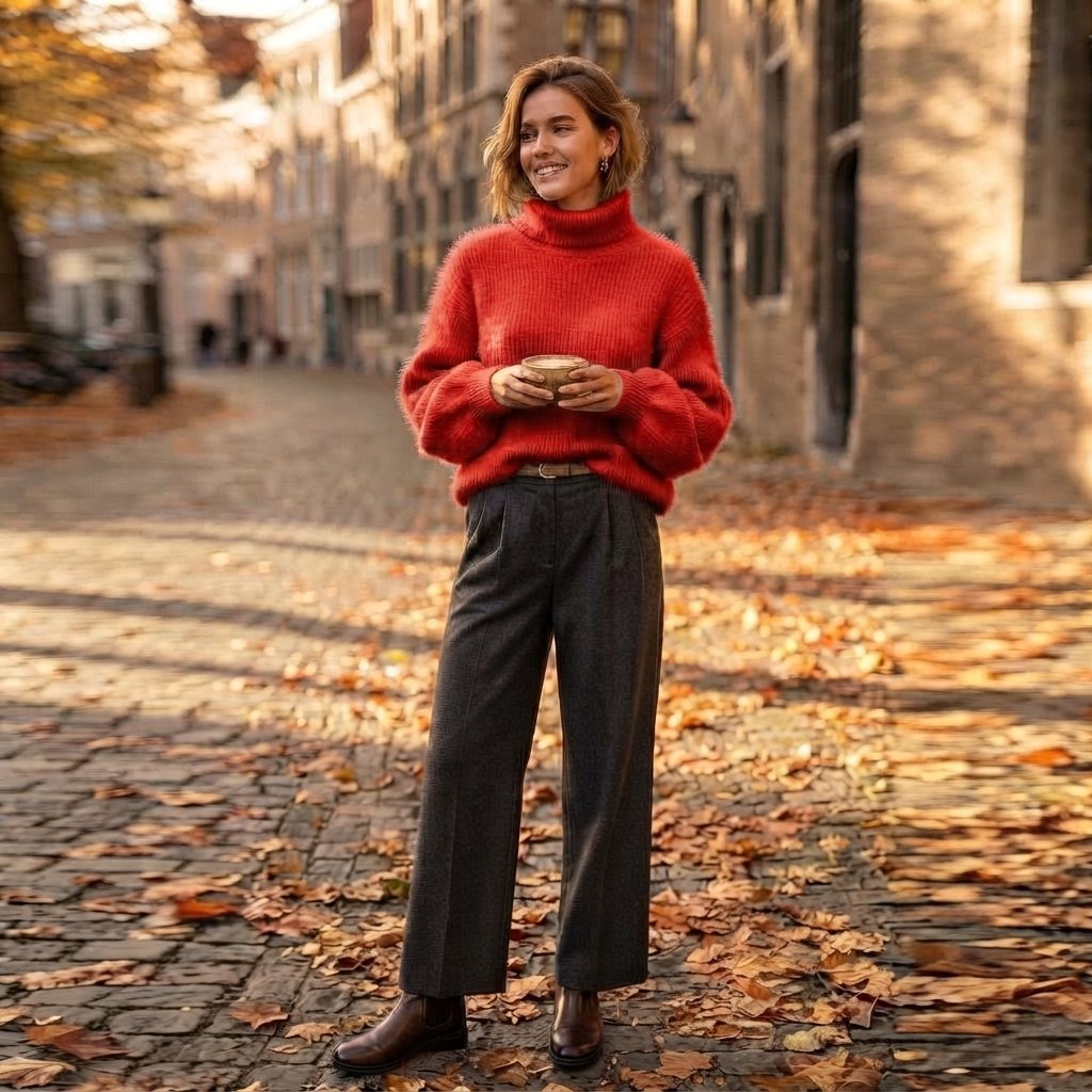Sweter z golfem z miękkiej przędzy angorowej, luźny krój — Czerwony