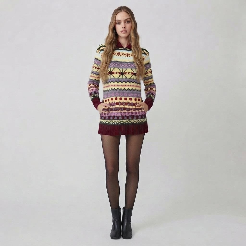 Sweter norweski z kapturem, wzór Fair Isle, damski — 5XL