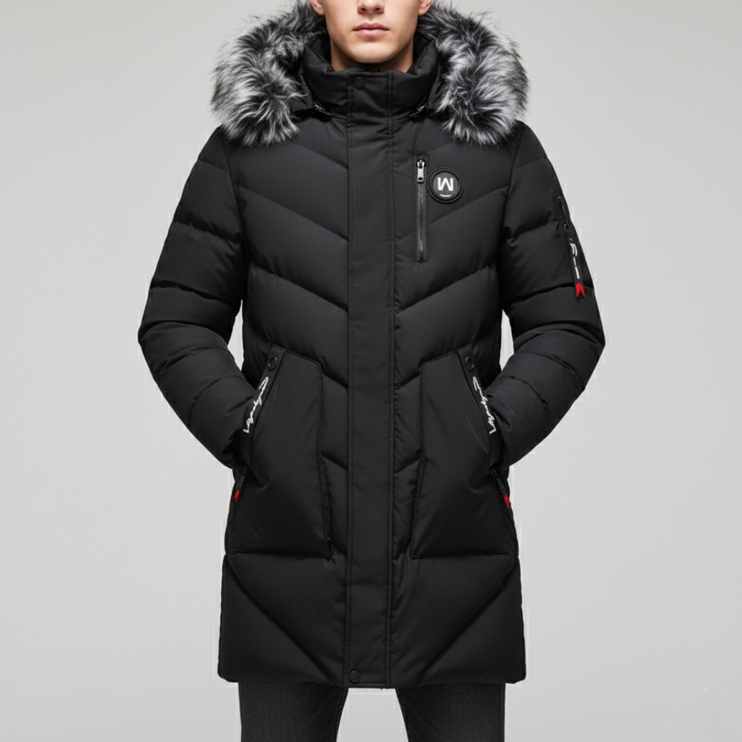 Męski długi płaszcz zimowy z podszewką sherpa