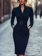 Sybilla – Elegancka Sukienka Midi z Paskiem i Długim Rękawem Damska