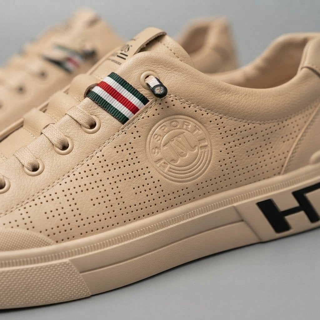 Sneakersy casual męskie ze skóry, perforowane – białe i beżowe