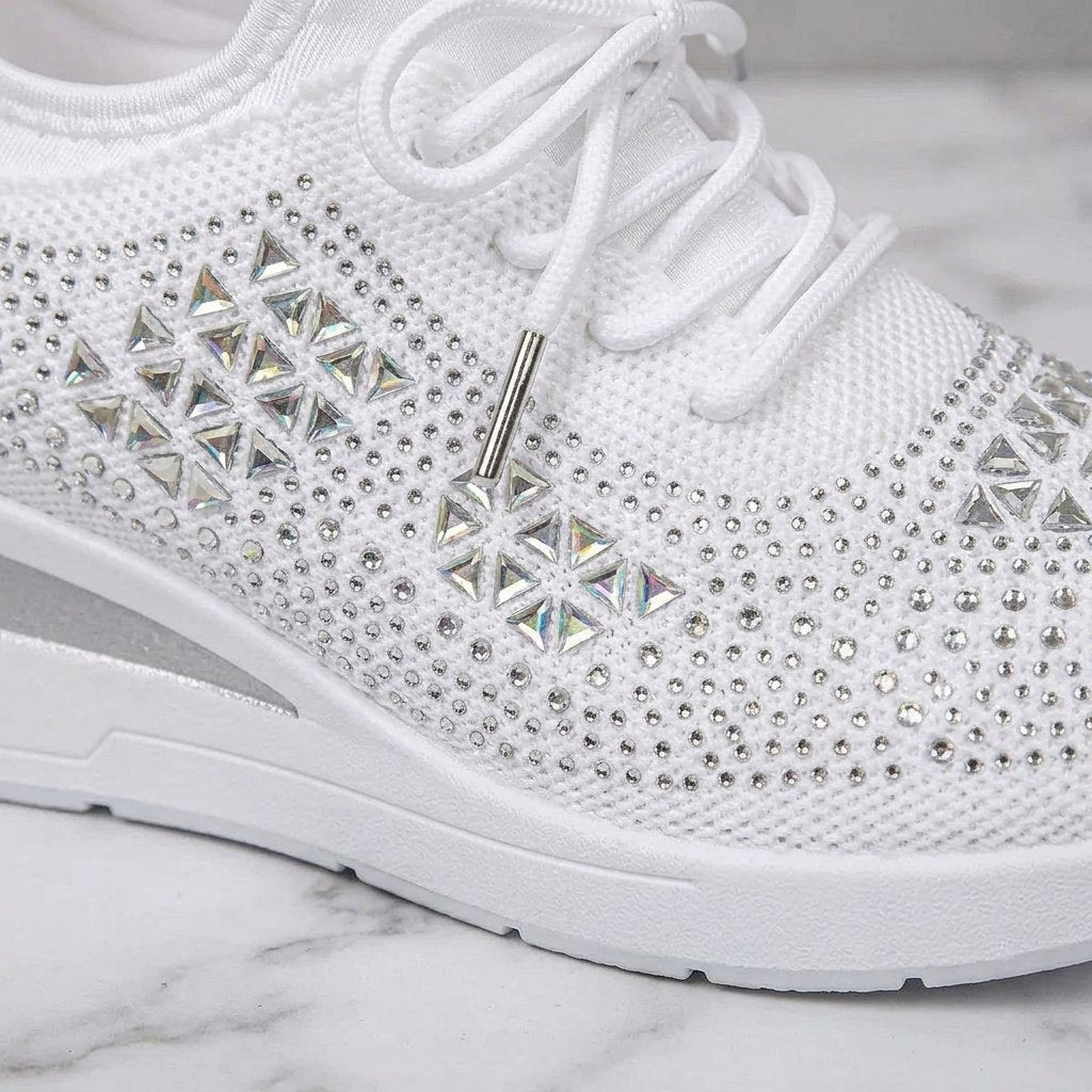 Sneakersy damskie na koturnie z cyrkoniami, sznurowane