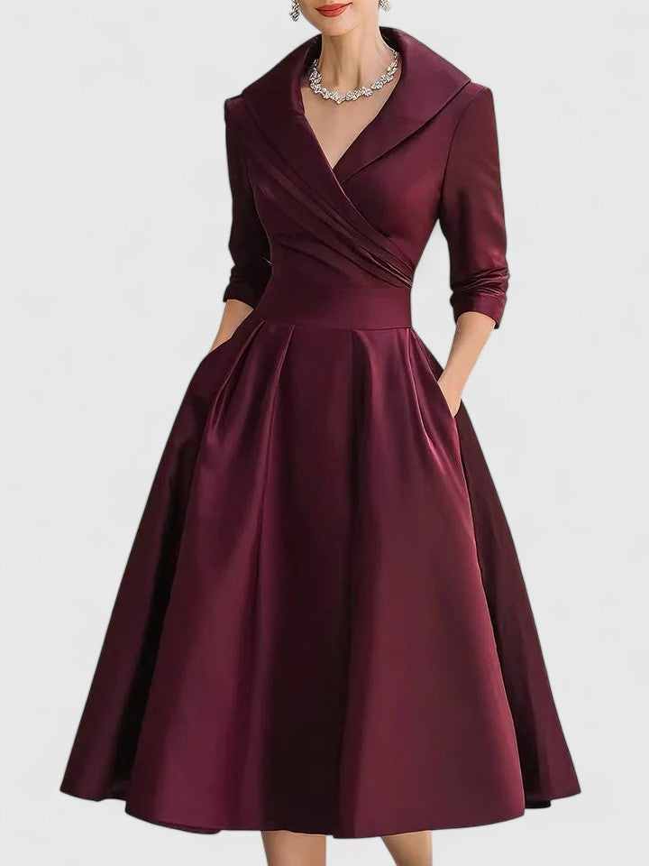 Serenita | Sukienka Damska Midi Rozkloszowana z Kołnierzem – Elegancka Stylizacja na Wydarzenia