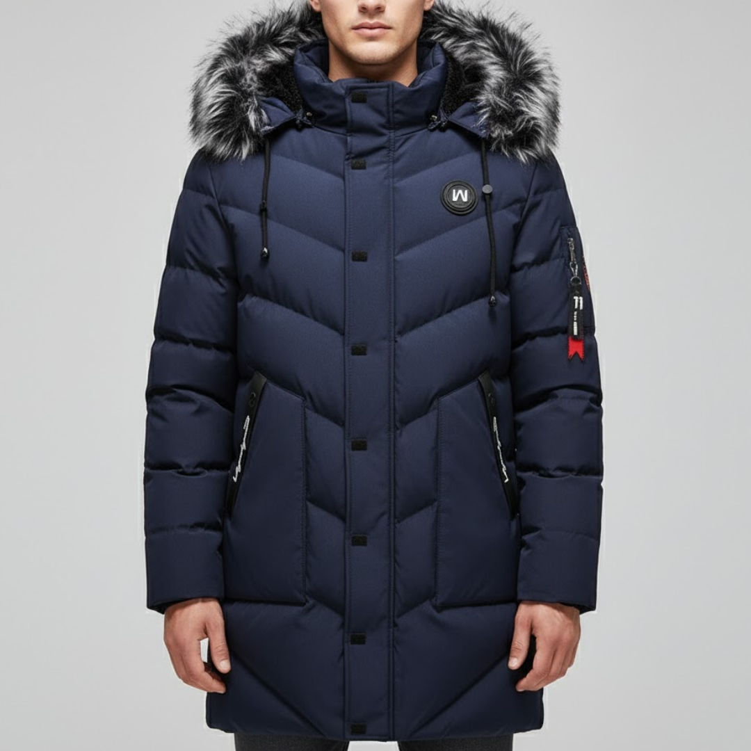 Męski długi płaszcz zimowy z podszewką sherpa