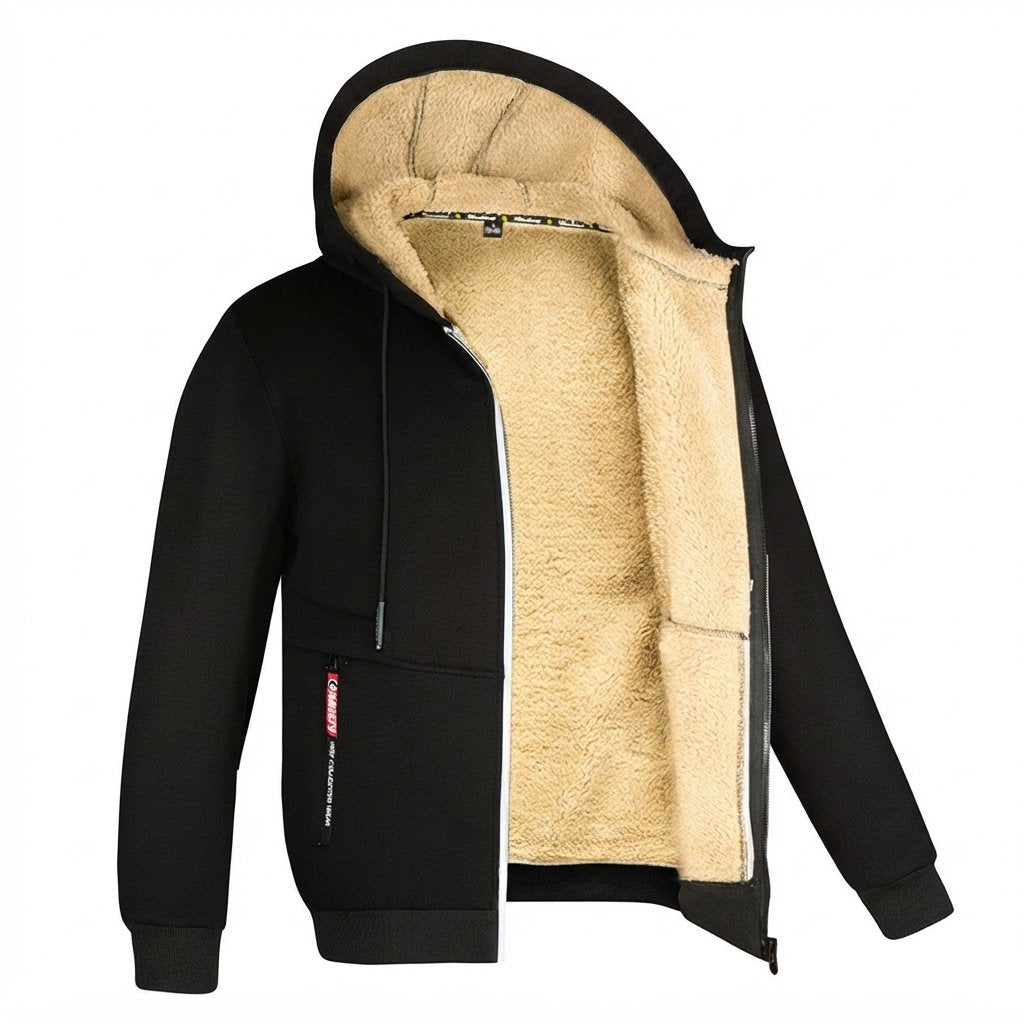 Bluza z kapturem męska z podszewką sherpa, zapinana — Czarny