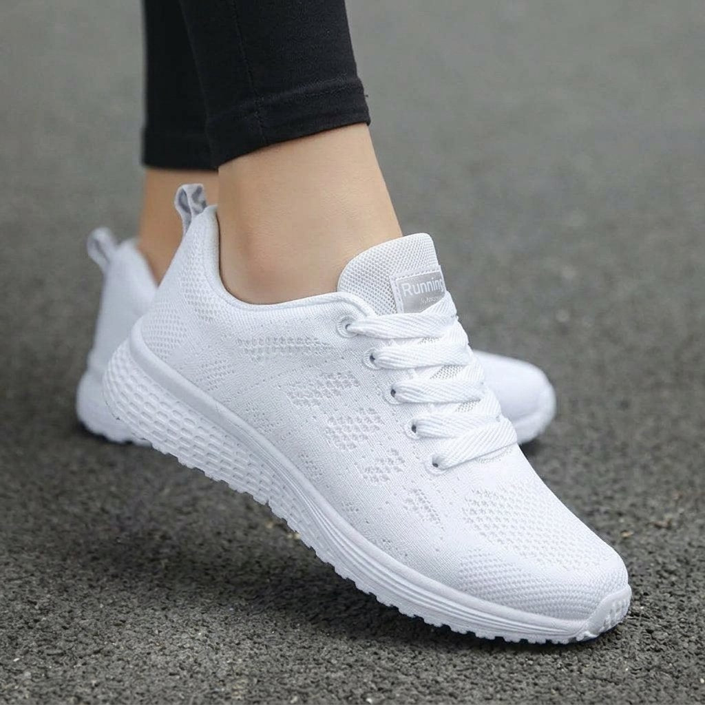 Damskie buty do biegania z siatką, niskie, sznurowane — Biały