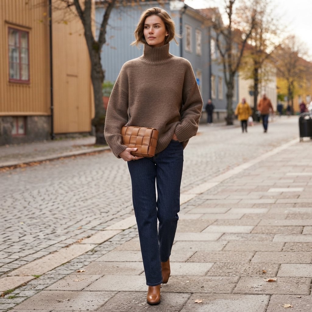 Golf damski oversize, miękki sweter z golfem — Camel