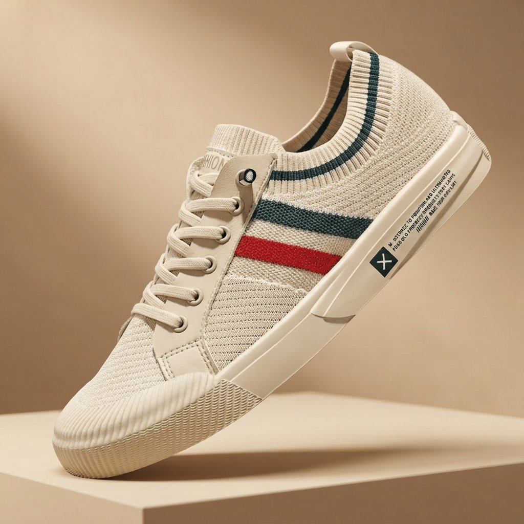 Sneakersy męskie z dzianiny, oddychające, paski — Beżowy