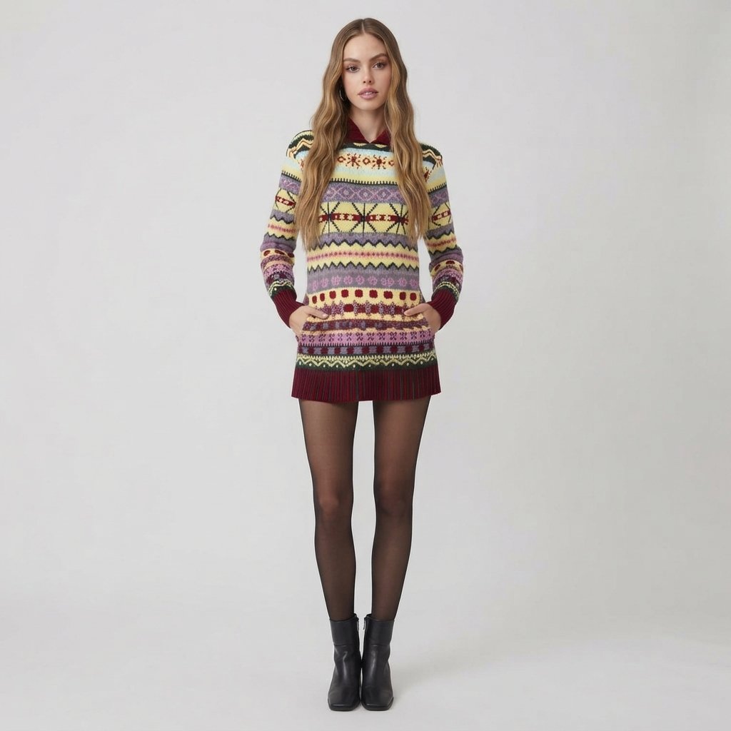 Sweter norweski z kapturem, wzór Fair Isle, damski — XS