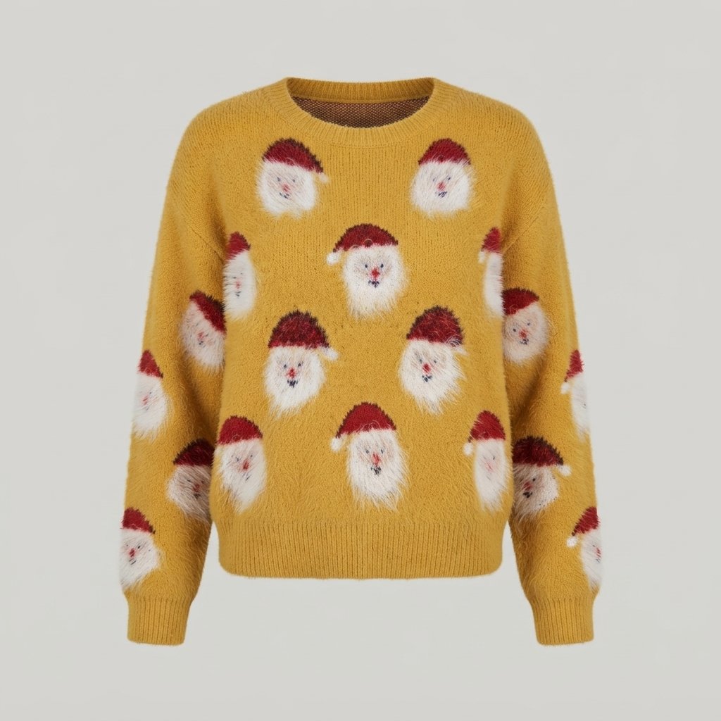Sweter oversize z Mikołajem, świąteczna dzianina damska — Żółty Mikołaj