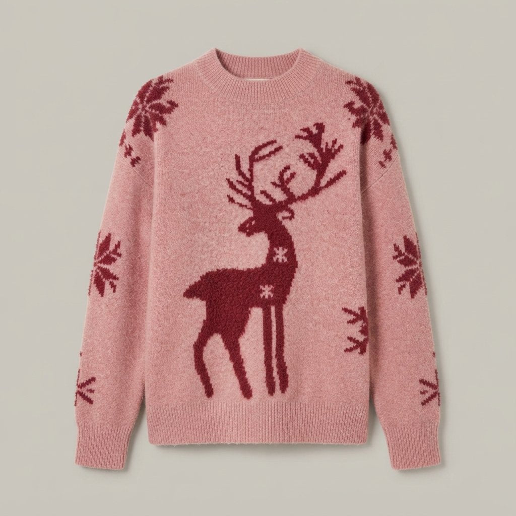 Sweter oversize z reniferem damski, świąteczny — Różowy