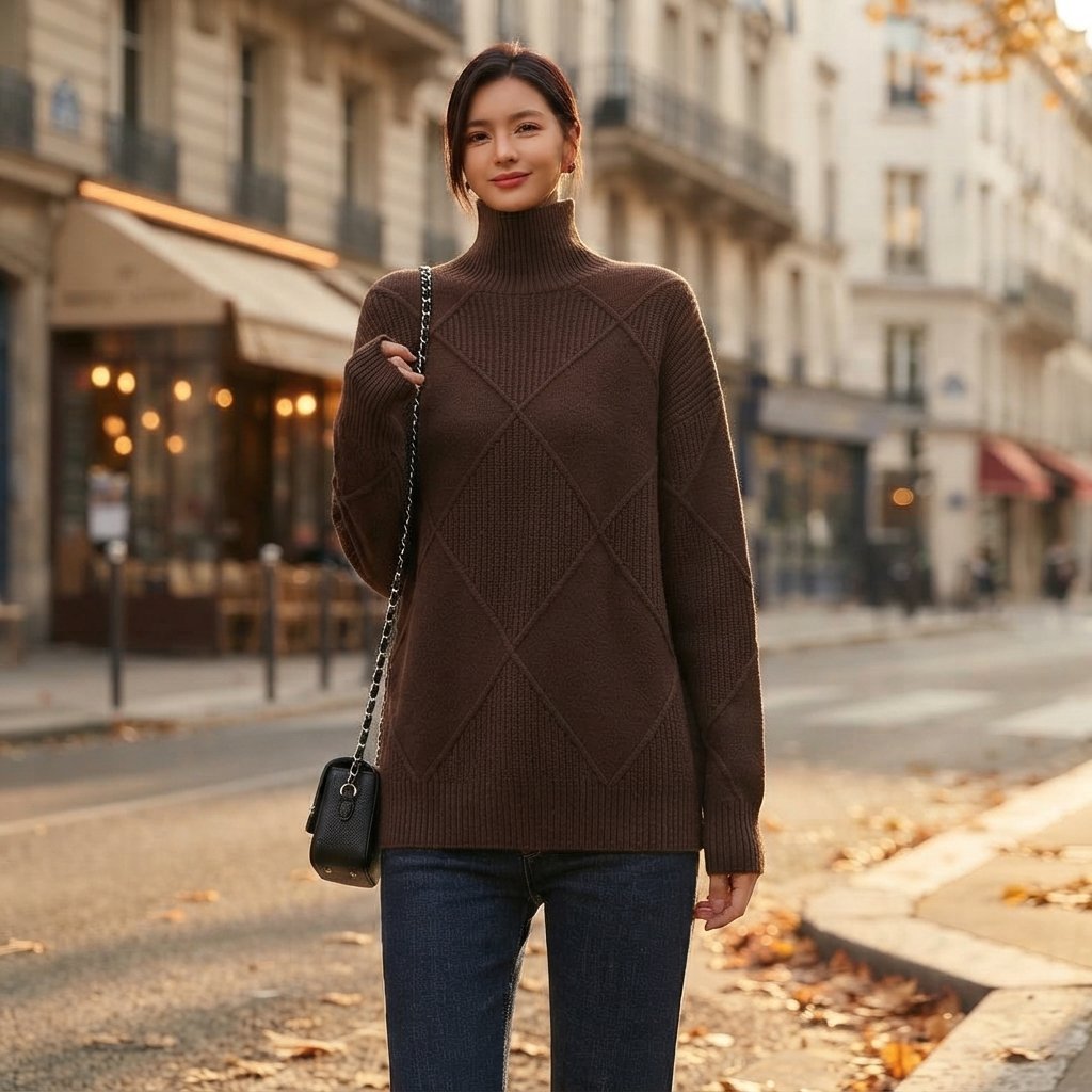Sweter z golfem oversize w romby, wełna — Brązowy