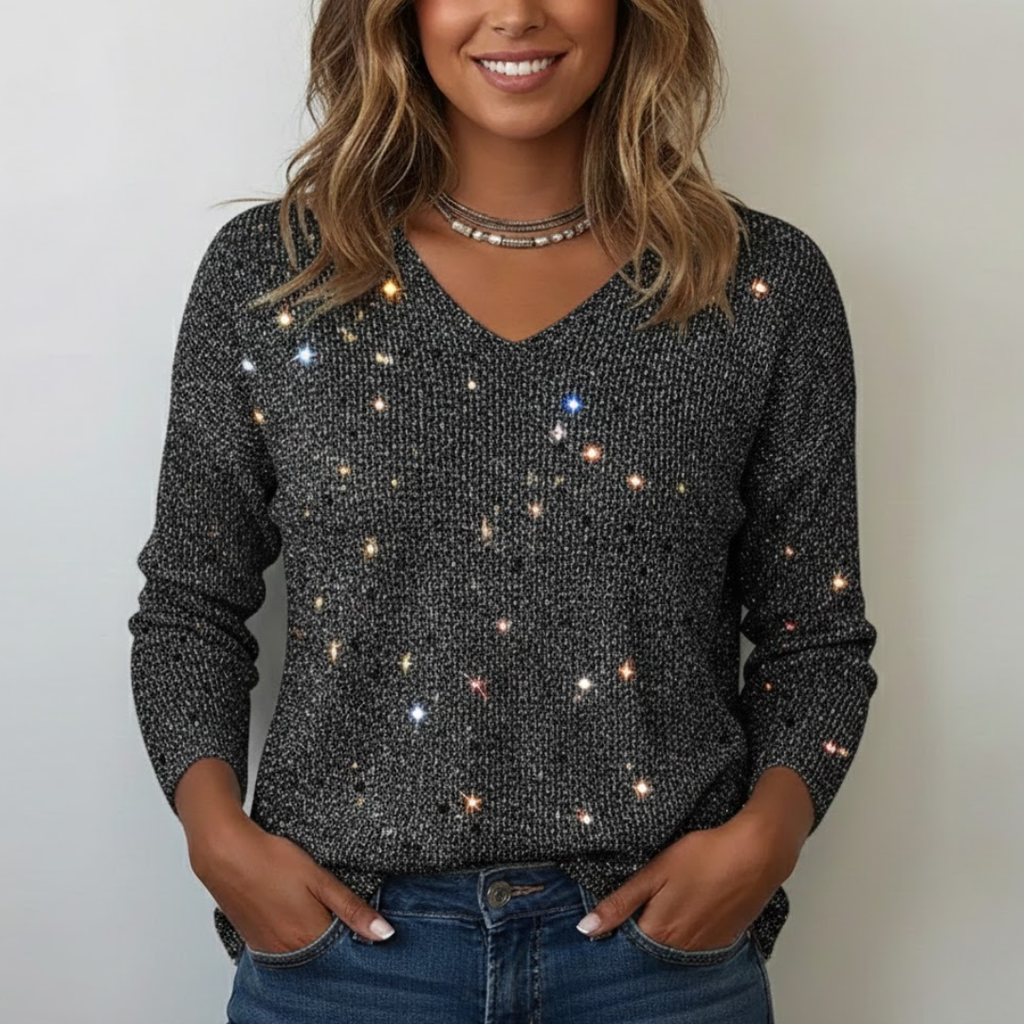 Damski Lśniący Sweter z Dekoltem V