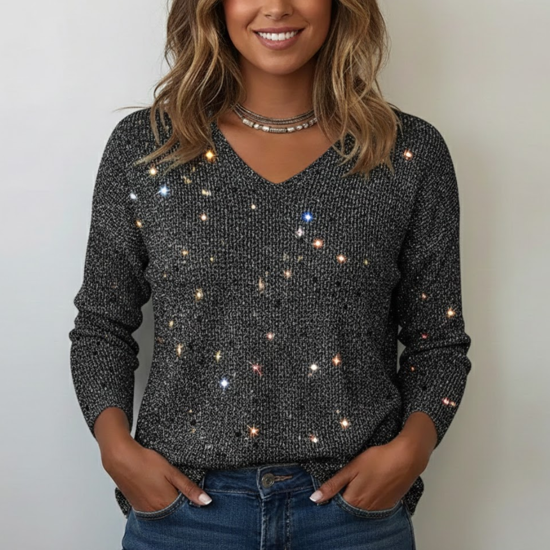 Damski Lśniący Sweter z Dekoltem V