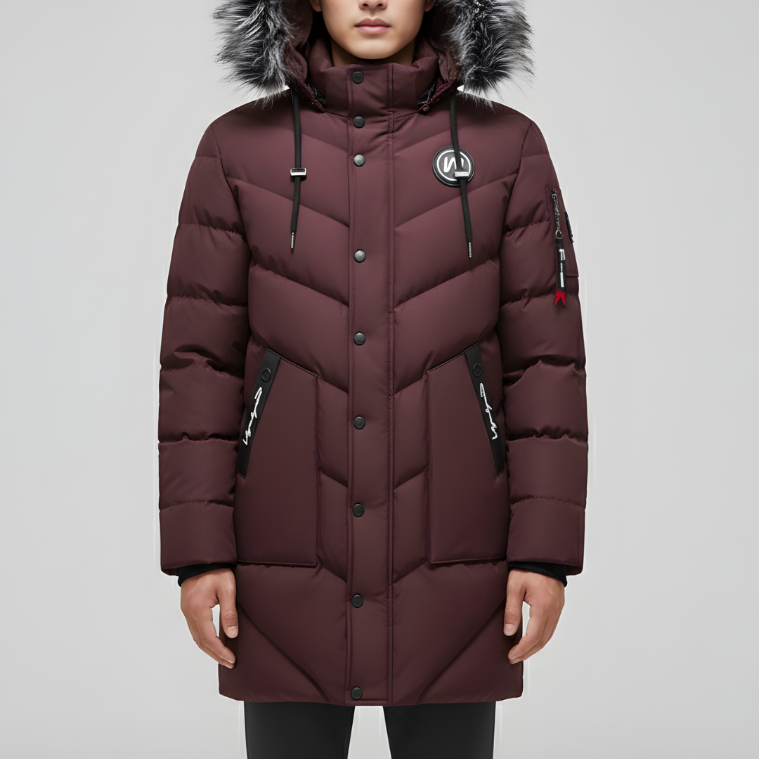 Męski długi płaszcz zimowy z podszewką sherpa