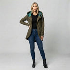 Długa bluza z kapturem damska, zamek, tropikalny print — Khaki