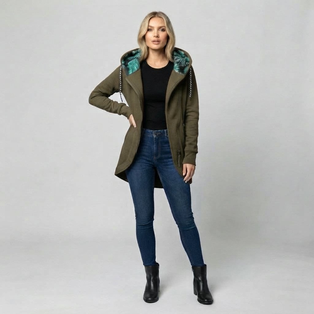 Długa bluza z kapturem damska, zamek, tropikalny print — Khaki