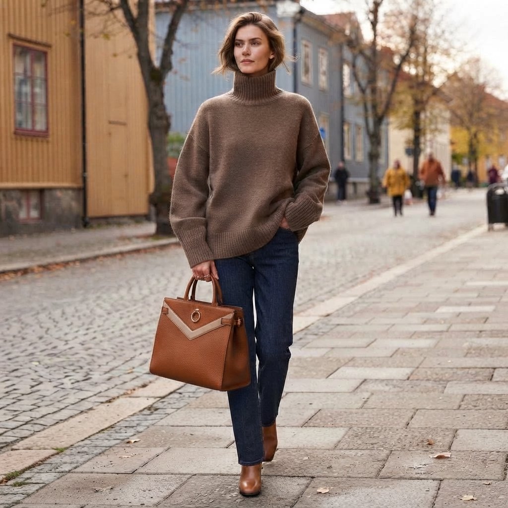 Golf damski oversize, miękki sweter z golfem — Kawa