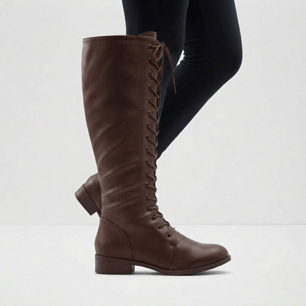 Kozaki za kolano ze sznurowaniem, płaski obcas — Ciemnobrązowy