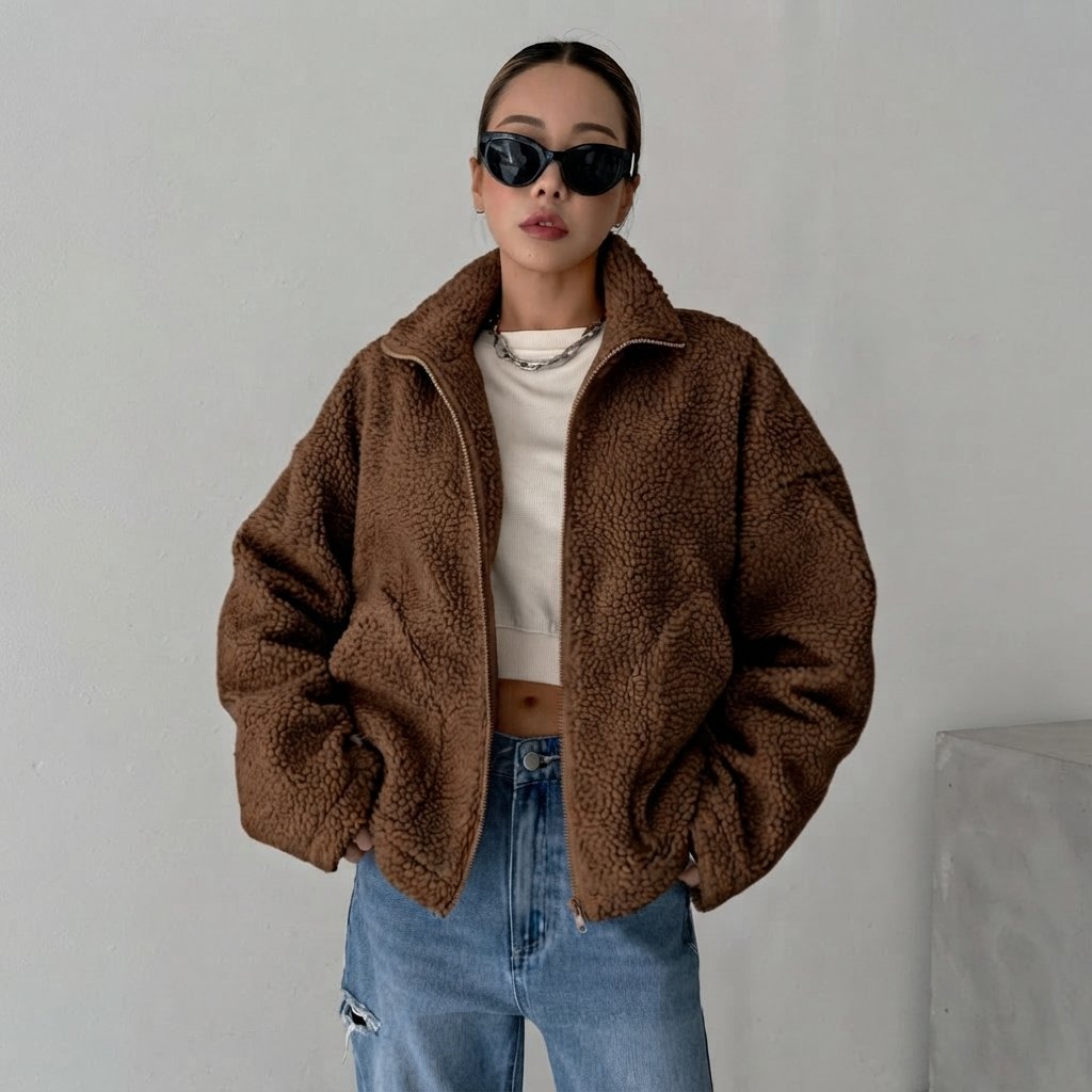 Kurtka teddy damska oversize z zamkiem i stójką — Brązowy
