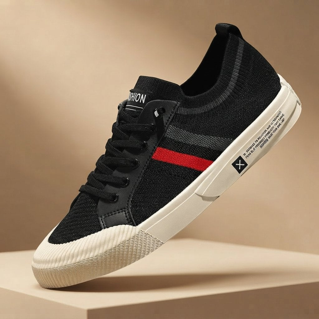 Sneakersy męskie z dzianiny, oddychające, paski — Czarny