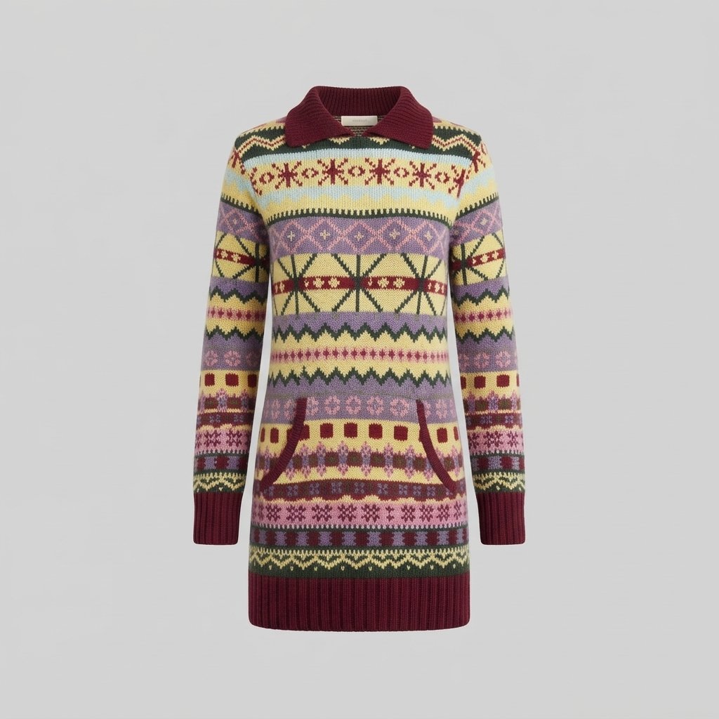 Sweter norweski z kapturem, wzór Fair Isle, damski — S