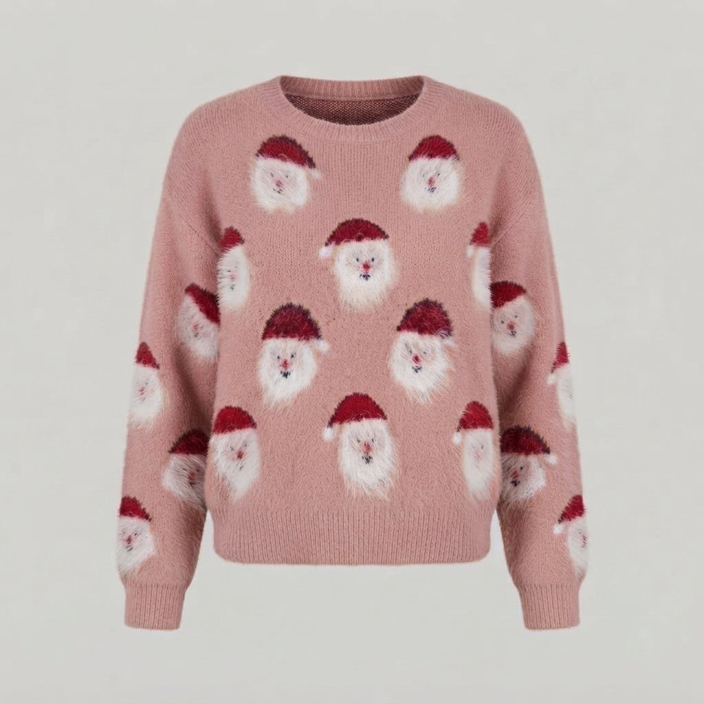 Sweter oversize z Mikołajem, świąteczna dzianina damska — Różowy Mikołaj