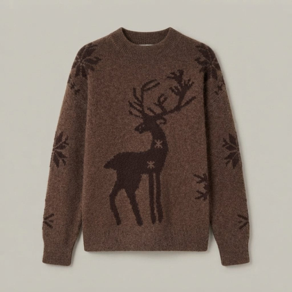 Sweter oversize z reniferem damski, świąteczny — Brązowy