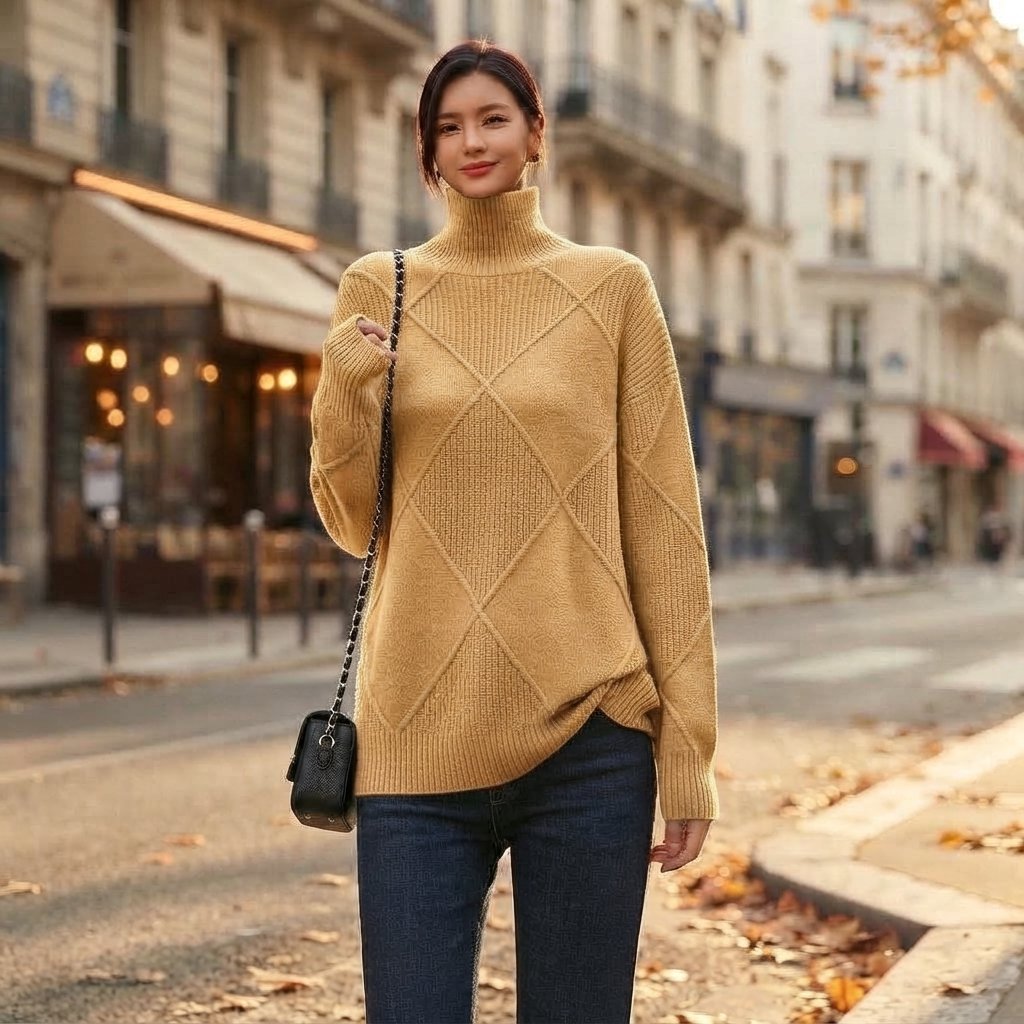 Sweter z golfem oversize w romby, wełna — Khaki