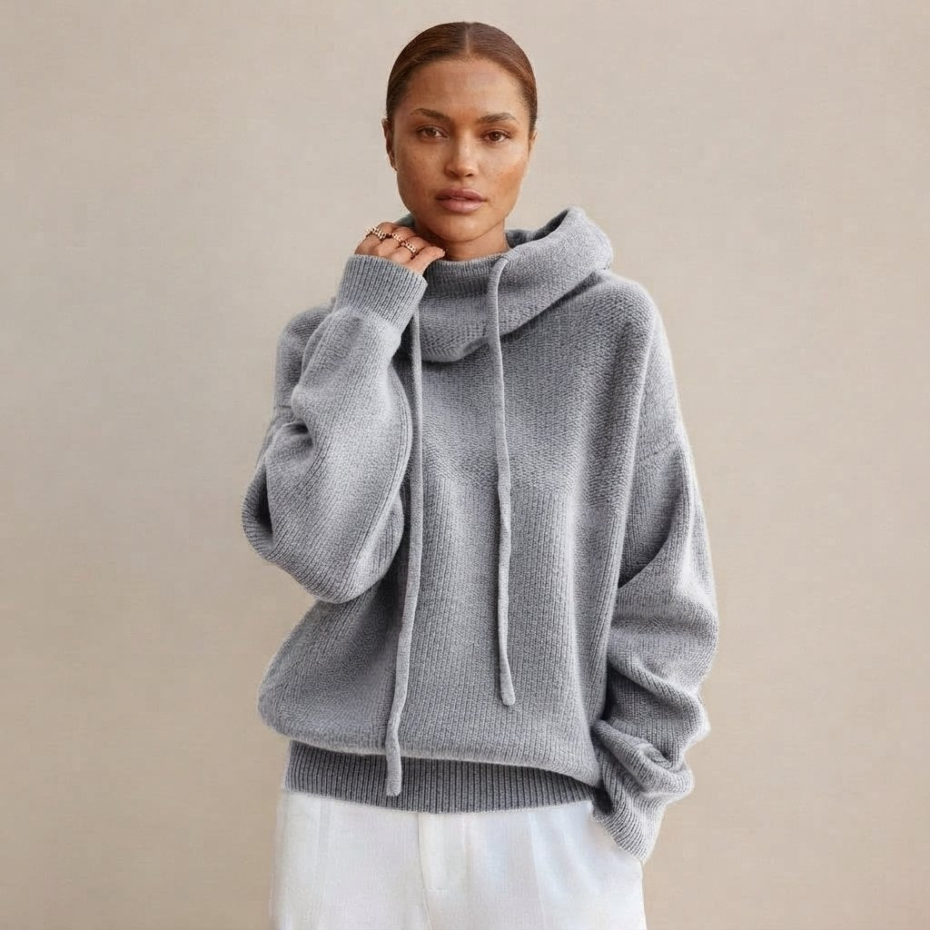 Sweter z kapturem damski, oversized, dzianinowy — Szary