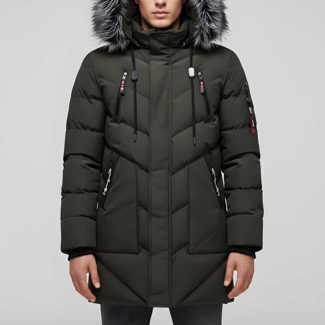 Męski długi płaszcz zimowy z podszewką sherpa