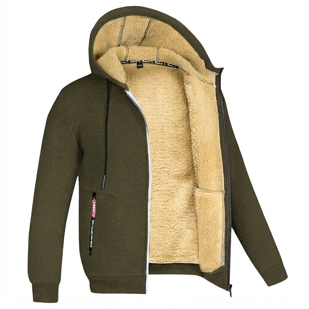 Bluza z kapturem męska z podszewką sherpa, zapinana — Zielony wojskowy