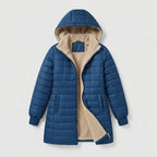 Pikowana kurtka damska z kapturem i podszewką sherpa — Niebieski