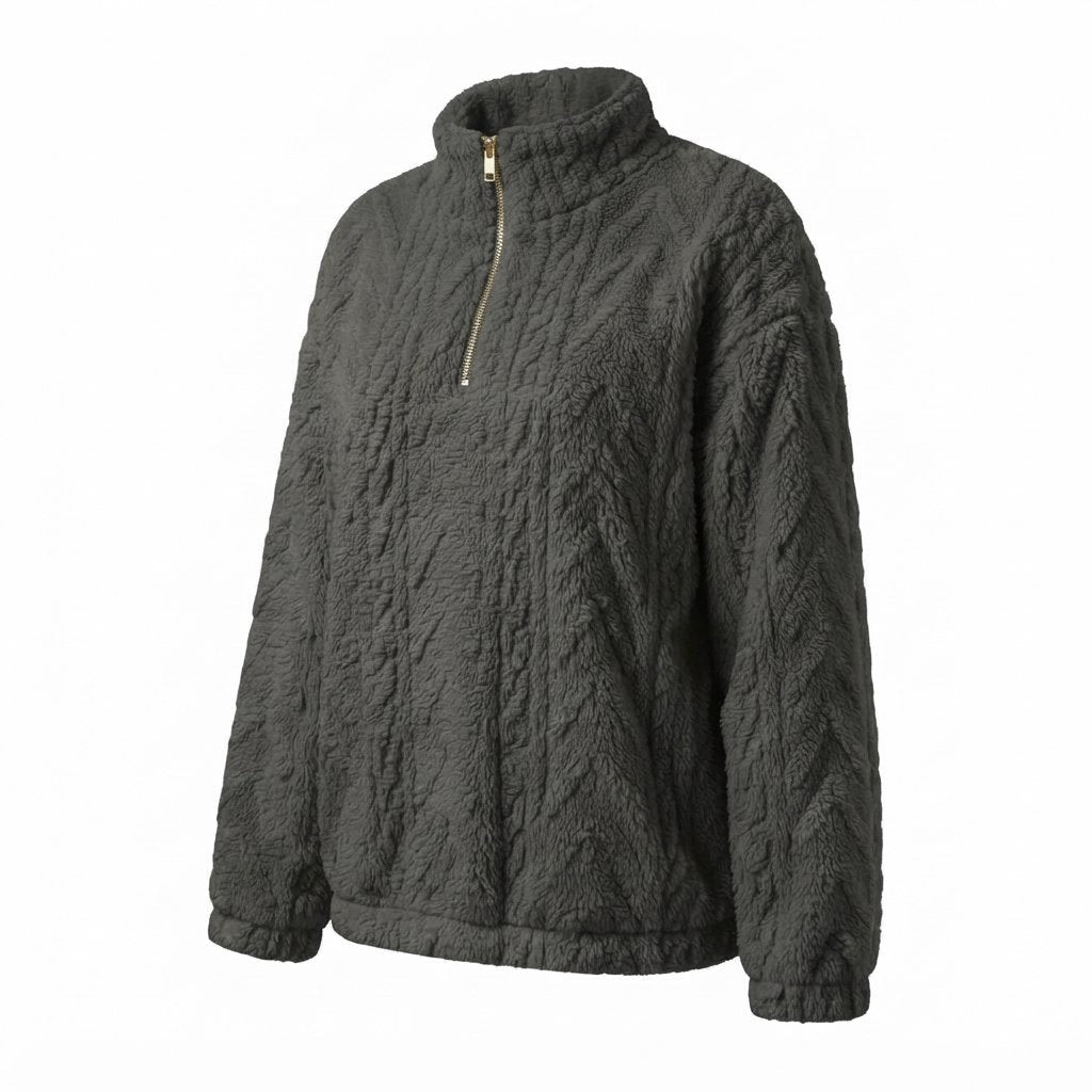 Pluszowa bluza damska oversize z zamkiem przy stójce — Szary