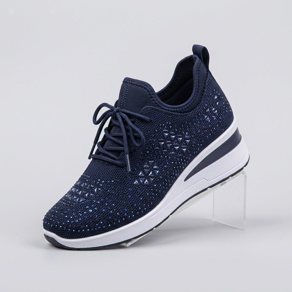 Sneakersy damskie na koturnie z cyrkoniami, sznurowane — Granatowy