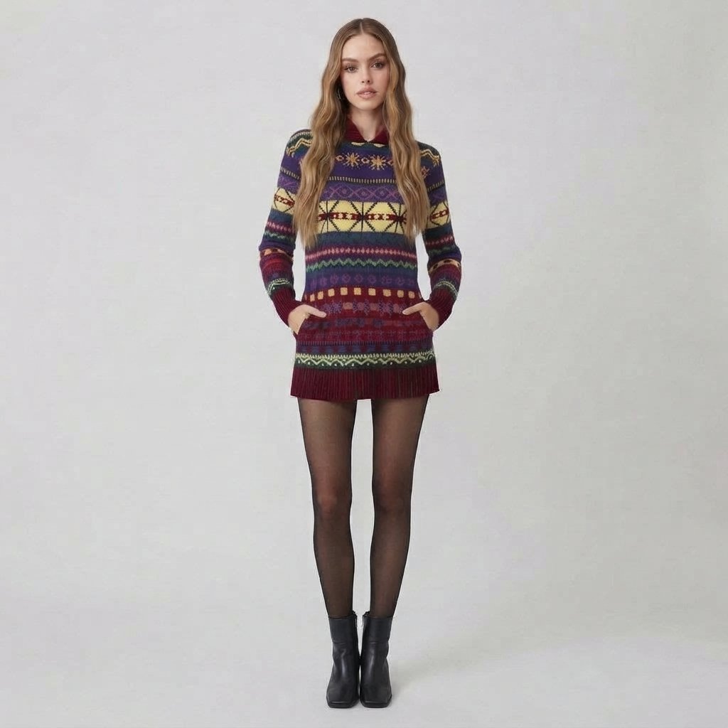 Sweter norweski z kapturem, wzór Fair Isle, damski — M