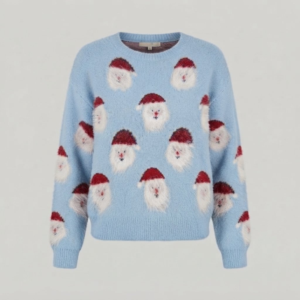 Sweter oversize z Mikołajem, świąteczna dzianina damska — Niebieski Mikołaj