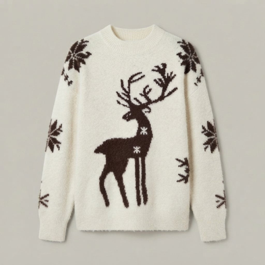 Sweter oversize z reniferem damski, świąteczny — Biały