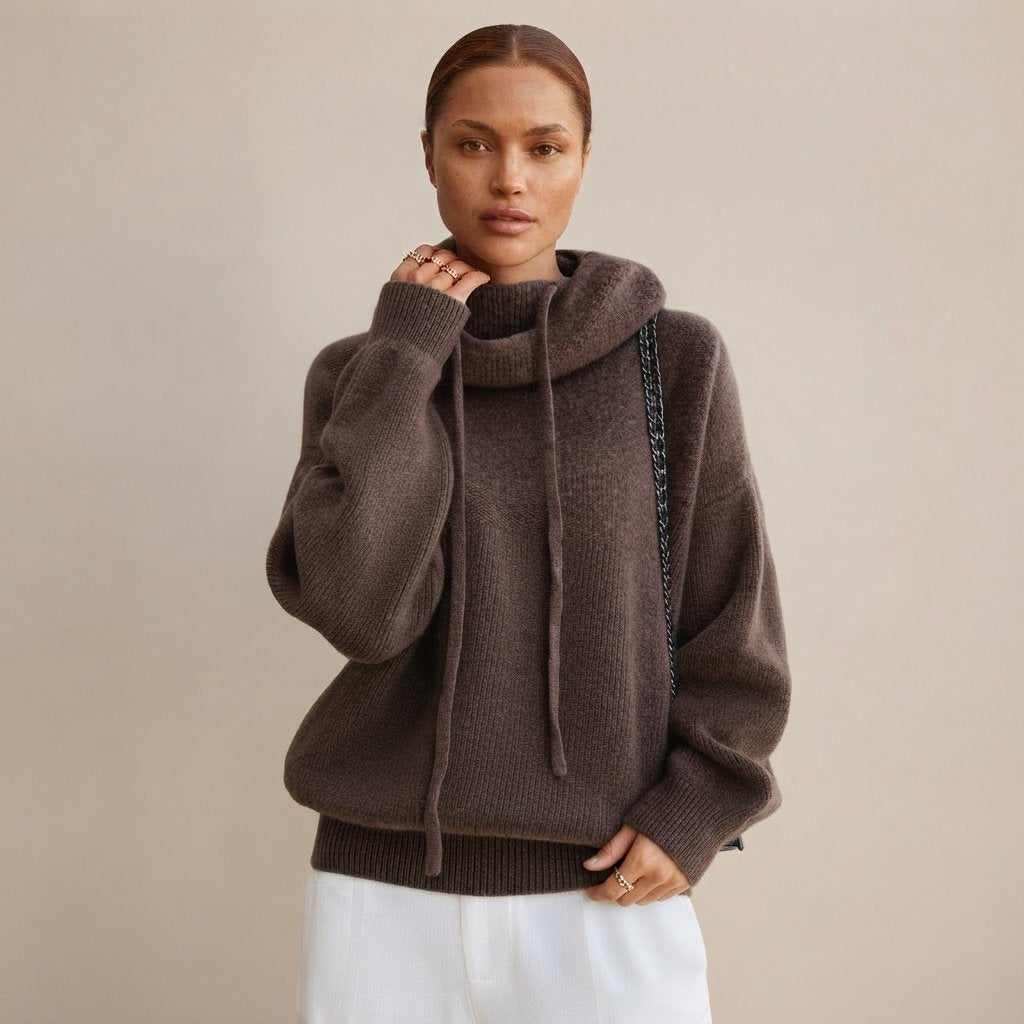 Sweter z kapturem damski, oversized, dzianinowy — Brązowy