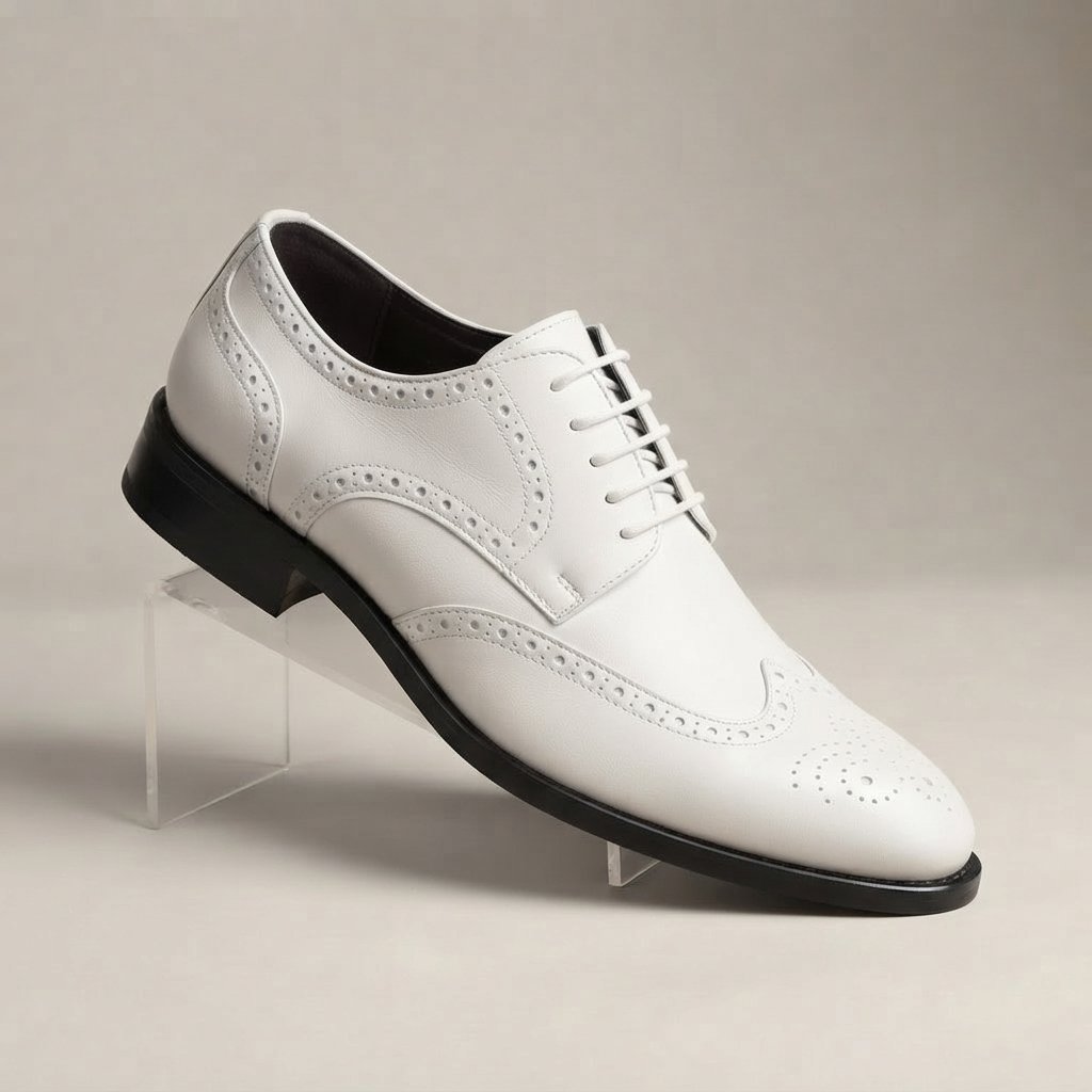 Męskie buty Oxford z brogowaniem, sznurowane — Biały