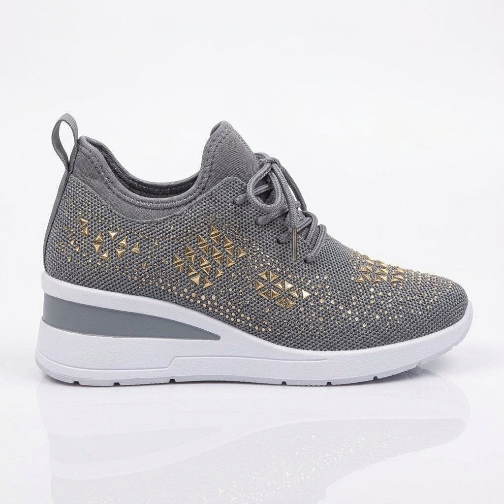 Sneakersy damskie na koturnie z cyrkoniami, sznurowane — Szary