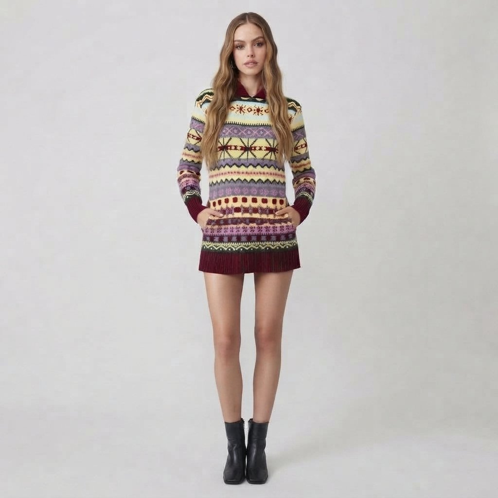 Sweter norweski z kapturem, wzór Fair Isle, damski — L