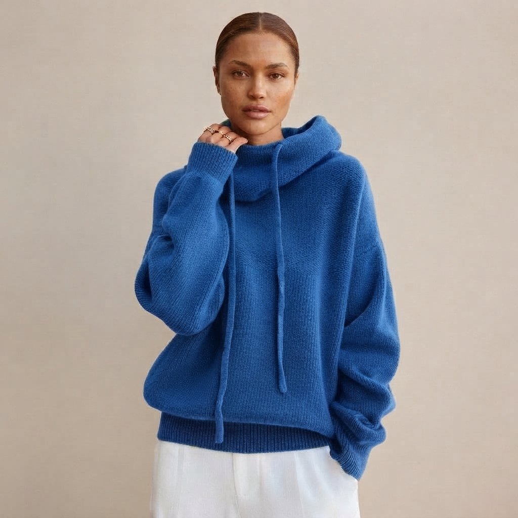 Sweter z kapturem damski, oversized, dzianinowy — Niebieski